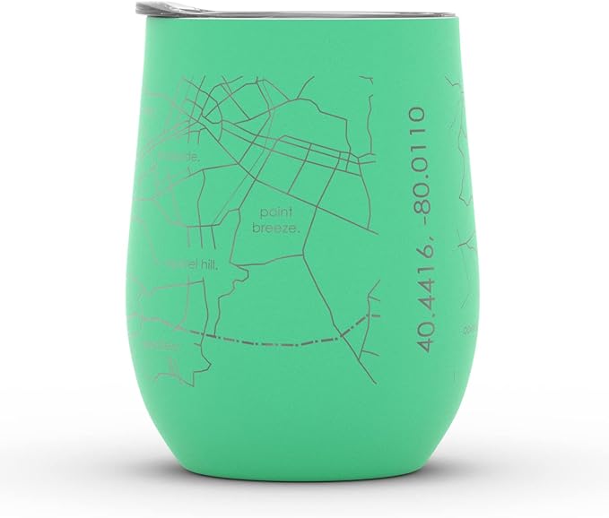 Well Told Engraved Pittsburgh Pennsylvania Map Insulated Wine Tumbler, Etched Stainless Steel Cup (12 oz, Sunday Green) City Map Insulated Tumbler, Custom Insulated Tumbler, Outdoor Drinkware