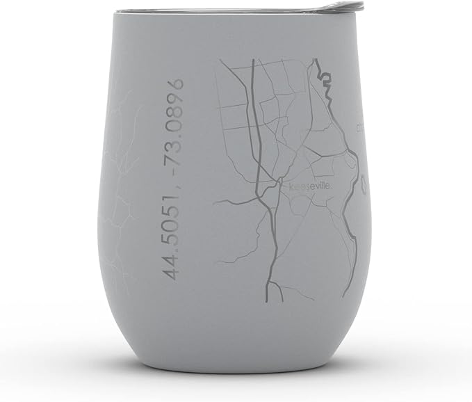 Well Told Engraved Burlington Vermont Map Insulated Wine Tumbler, Etched Stainless Steel Cup (12 oz, Dockside Gray) City Map Insulated Tumbler, Custom Insulated Tumbler, Outdoor Drinkware