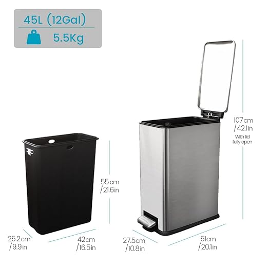 12 Gallon Trash Can, Stainless Steel Kitchen Garbage Can with Removal Inner Bucket, Soft Close Lid, Step on Trash Can for Home and Office, 45 Liter Capacity, Silver