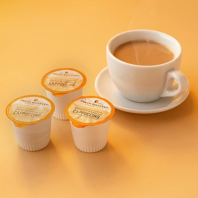 Fresh Roasted Coffee, French Vanilla Cappuccino Powdered Drink Pods, K-Cup Compatible, 72 Count