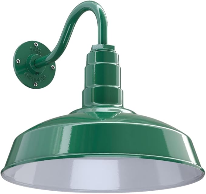 Steel Lighting Co. | Dusk to Dawn | Gardena Barn Light | Outdoor Wall Mounted | 16" Dome | 11" Gooseneck | Farmhouse Light Made in America | Green Exterior/White Interior
