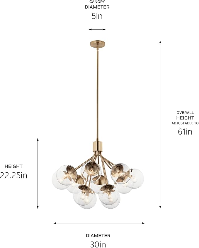 KICHLER Silvarious 12-Light Convertible Chandelier, Soft Modern Light with Clear Glass in Champagne Bronze, for Dining Room, Living Room, Bedroom or Foyer (22.25" x 30"), 52701CPZCLR