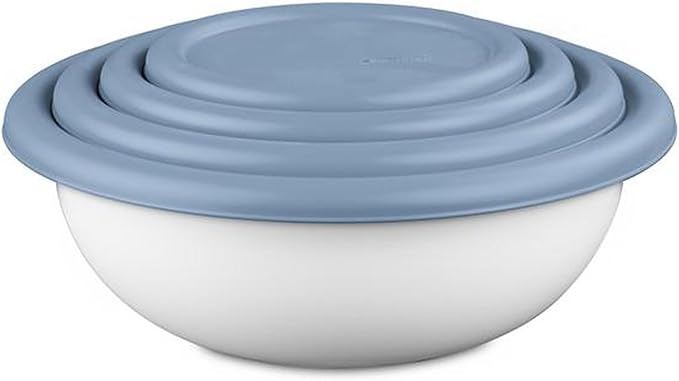 Sterilite Covered Bowl Set, Plastic Nesting Kitchen Mixing Bowls with Pour Spout, Meal Prep Food Storage Containers with Lids, Washed Blue (Set of 18)