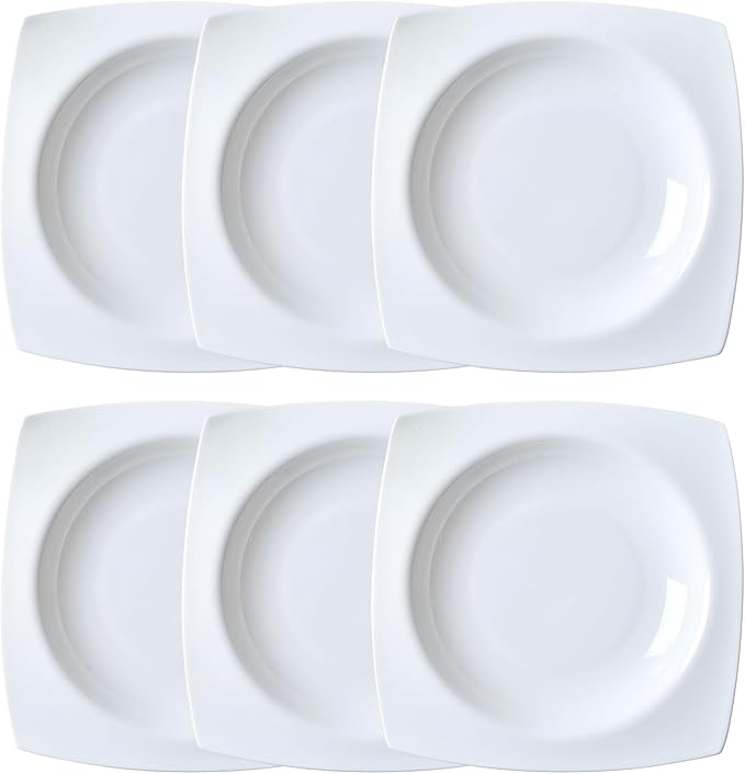 6-piece white bone china dinner plate set, 9.5 inches, square soup plate