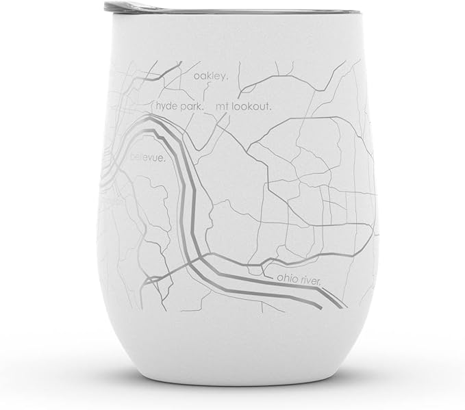 Well Told Engraved Cincinnati Ohio Map Insulated Wine Tumbler, Etched Stainless Steel Wine Tumbler (12 oz, White) City Map Insulated Tumbler, Custom Insulated Tumbler, Outdoor Drinkware