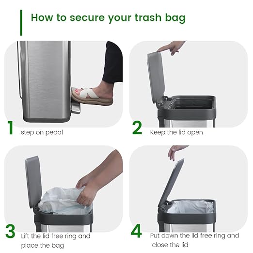13 Gallon Step Trash Can, Large Capacity Kitchen Garbage Can, Tall Stainless Steel Liner Free Garbage Bin, Rectangular Metal Trash Can with Soft Closed&Stay Open Lid, 50 Liter