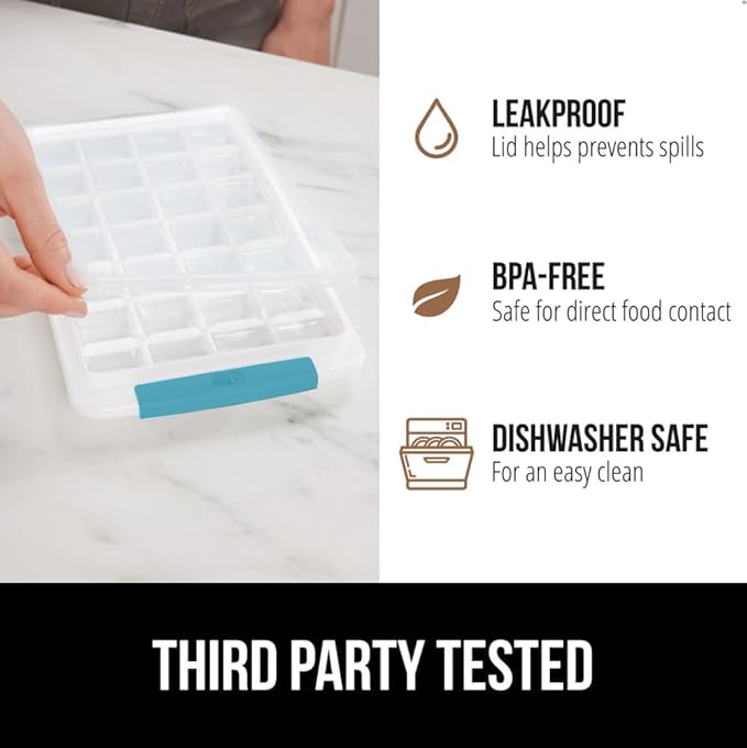 GORILLA GRIP BPA-Free Easy Release Stackable Ice Cube Tray for Freezer, Set Makes 56 Cubes for Cocktails, Coffee, Bucket Kit Includes 2 Leakproof Trays with Lid and Scooper, Kitchen Tool, Turquoise
