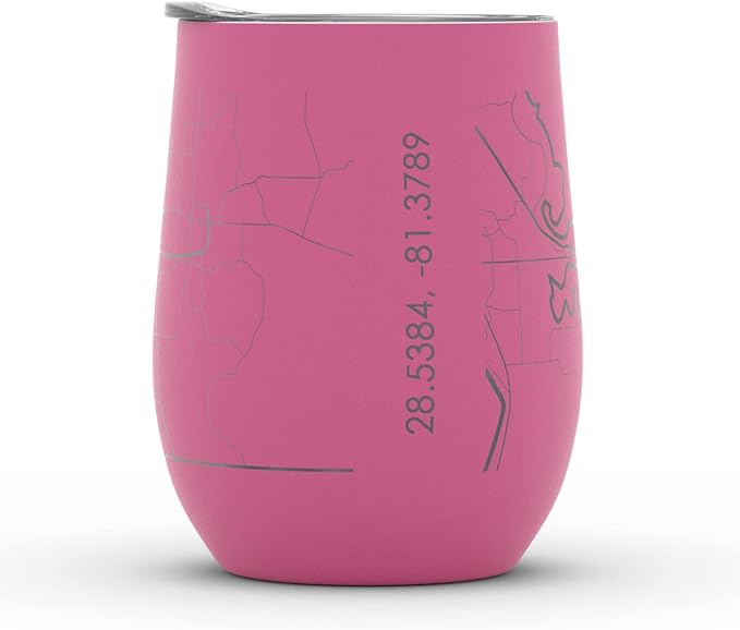 Well Told Engraved Orlando Florida Map Insulated Wine Tumbler, Etched Stainless Steel Cup (12 oz, Sunset Pink) City Map Insulated Tumbler, Custom Insulated Tumbler, Outdoor Drinkware