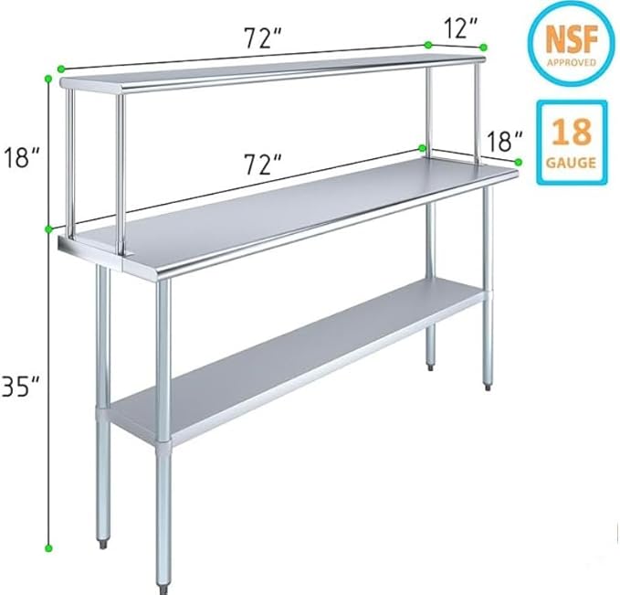 Stainless Steel Food Prep Work Table with Wide Single Tier Overshelf | Metal Kitchen & Shelving Combo (18" x 72" Work Table + 12" Overshelf)