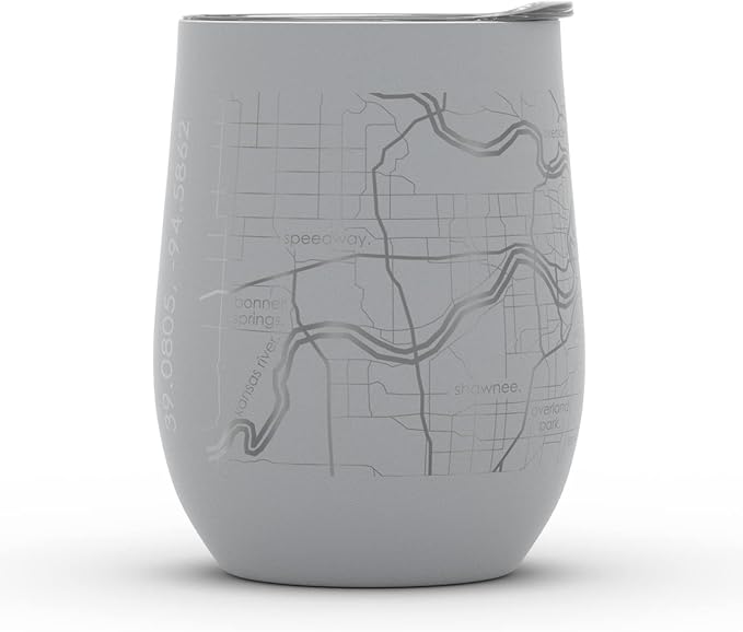 Well Told Engraved Kansas City Missouri Map Insulated Wine Tumbler, Etched Stainless Steel Cup (12 oz, Dockside Gray) City Map Insulated Tumbler, Custom Insulated Tumbler, Outdoor Drinkware