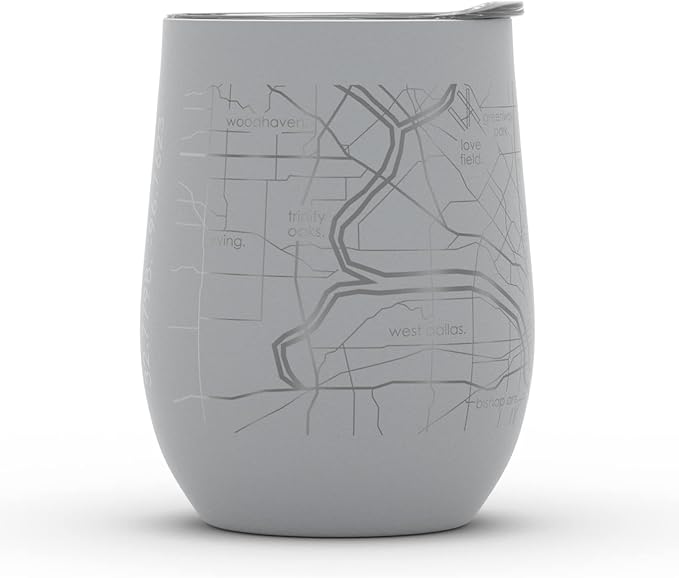 Well Told Engraved Dallas Texas Map Insulated Wine Tumbler, Etched Stainless Steel Cup (12 oz, Dockside Gray) City Map Insulated Tumbler, Custom Insulated Tumbler, Outdoor Drinkware