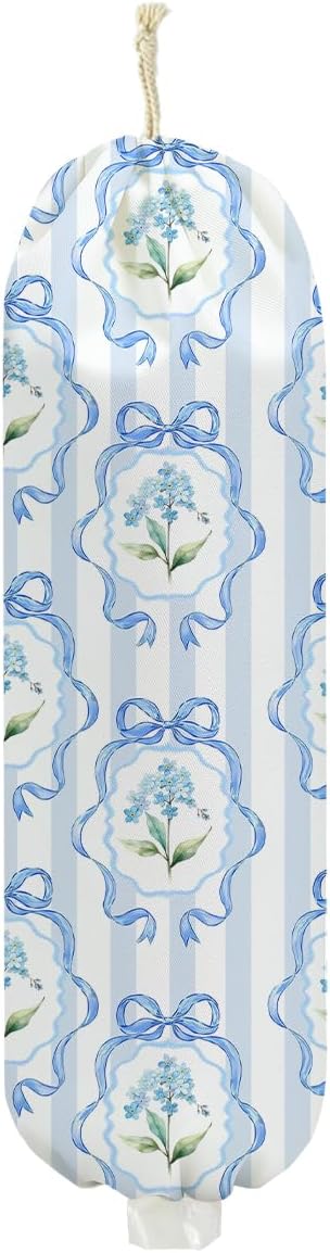 Bow Plastic Bag Holder, Wall Mount Grocery Bag Holder for Plastic Bags, Blue Stripes Reusable Grocery Bags Storage Dispenser for Home Kitchen Pantry Decor, Flower Gifts for Women Mom, 22.5x9 Inch