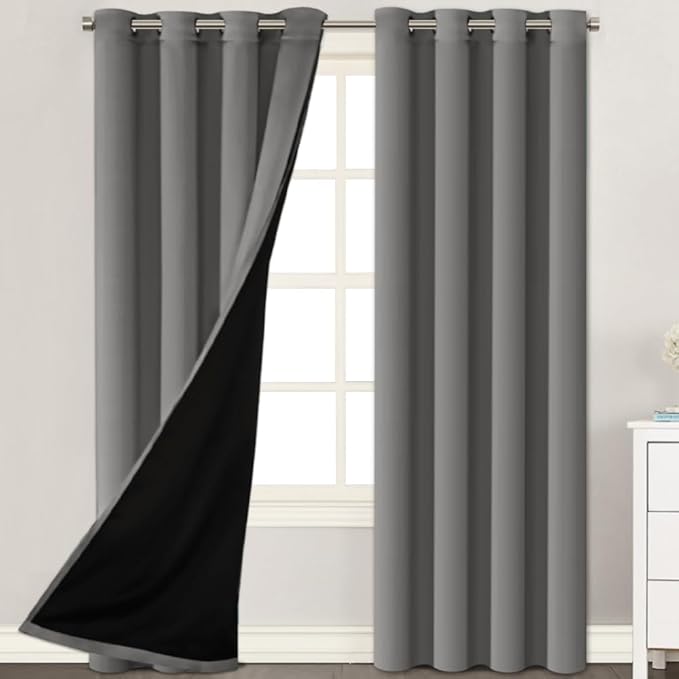 H.VERSAILTEX 100% Blackout Window Curtain Panels, Heat and Cold Blocking Drapes with Black Liner for Living Room, 108 inches Thermal Insulated Draperies (2 Pieces, 52 inches Wide Each Panel, Grey)