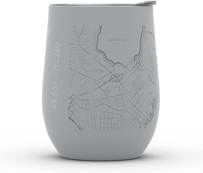 Well Told Engraved Portland Maine Map Insulated Wine Tumbler, Etched Stainless Steel Cup (12 oz, Dockside Gray) City Map Insulated Tumbler, Custom Insulated Tumbler, Outdoor Drinkware