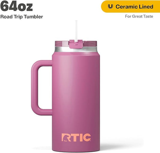 RTIC 64oz Road Trip Tumbler with Handle, Lid and Straw, Ceramic Lined, Insulated, Stainless Steel, Double Wall Vacuum-Insulation, Travel Cup, Orchid