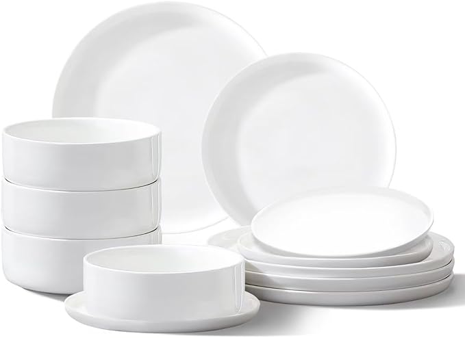 Plates and Bowls Sets,12 Pieces Porcelain Dinnerware Sets, White Ceramic Dishes Set for 4, Dishware Sets, Microwave and Dishwasher Safe, Scratch Resistant, Dining Ware Service for 4