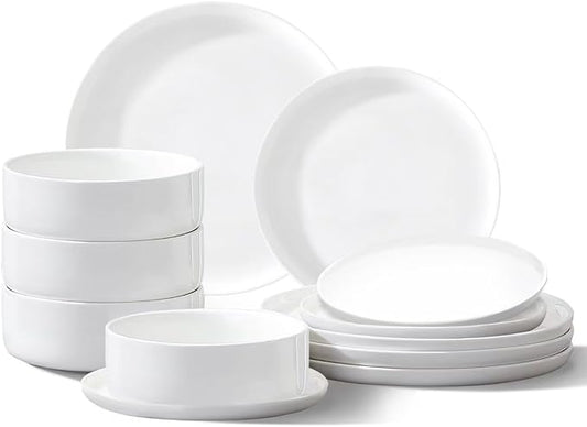 Plates and Bowls Sets,12 Pieces Porcelain Dinnerware Sets, White Ceramic Dishes Set for 4, Dishware Sets, Microwave and Dishwasher Safe, Scratch Resistant, Dining Ware Service for 4