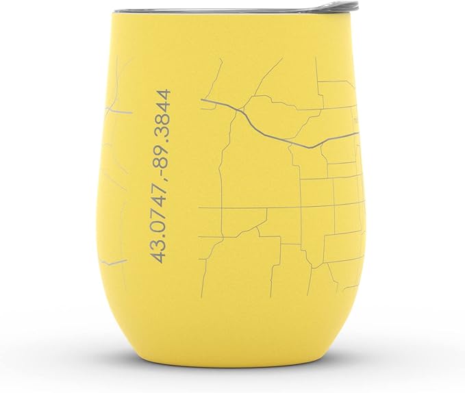 Well Told Engraved Madison Wisconsin Map Insulated Wine Tumbler, Etched Stainless Steel Cup (12 oz, Sunrise Yellow) City Map Insulated Tumbler, Custom Insulated Tumbler, Outdoor Drinkware