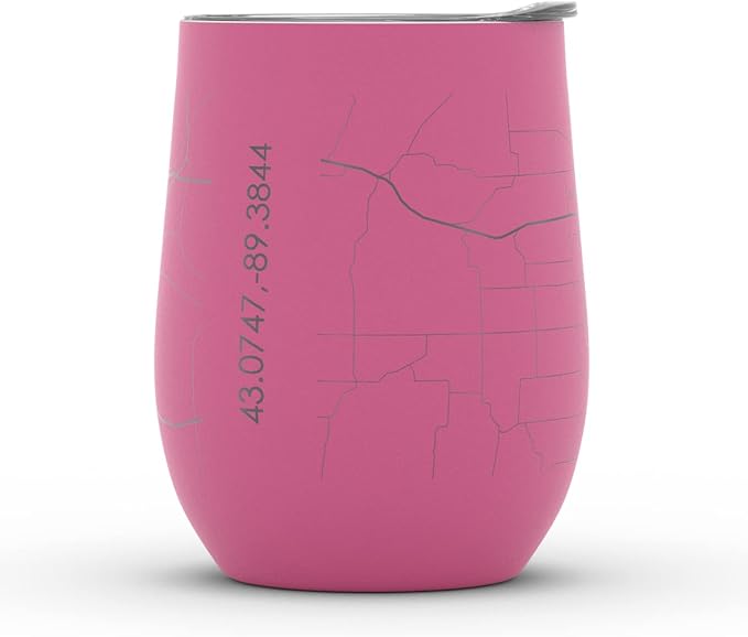 Well Told Engraved Madison Wisconsin Map Insulated Wine Tumbler, Etched Stainless Steel Cup (12 oz, Sunset Pink) City Map Insulated Tumbler, Custom Insulated Tumbler, Outdoor Drinkware