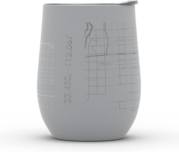Well Told Engraved Phoenix Arizona Map Insulated Wine Tumbler, Etched Stainless Steel Cup (12 oz, Dockside Gray) City Map Insulated Tumbler, Custom Insulated Tumbler, Outdoor Drinkware