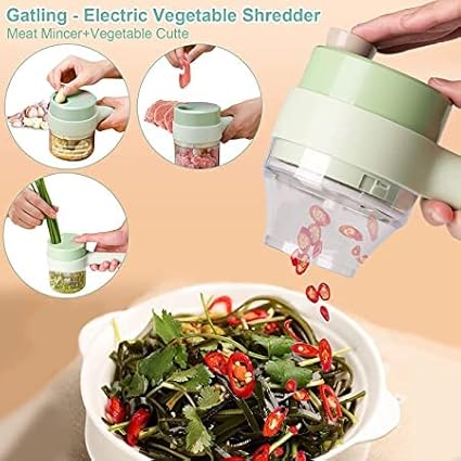 Multipurpose 4 in 1 Handheld Electric Vegetable Cutter Set Portable Wireless Garlic Mud Masher Garlic Press and Slicer Set Multifunctional Electric Mini Food Processor (Plastic)