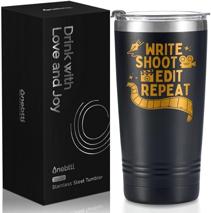 Onebttl Aspiring Filmmakers Gift, Director Gift, Theater Gifts on Filmmaker Day, Birthday and Christmas, 20 oz Insulated Stainless Steel Tumbler - Write shoot edit repeat