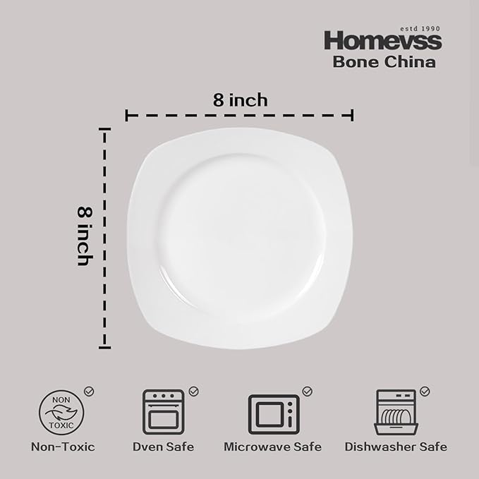 HomeVss, New Bone China Embossed Dinnerware Set, Coupe Square Shape, 16pc Set