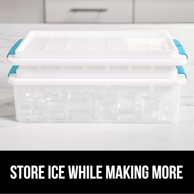 GORILLA GRIP BPA-Free Easy Release Stackable Ice Cube Tray for Freezer, Set Makes 56 Cubes for Cocktails, Coffee, Bucket Kit Includes 2 Leakproof Trays with Lid and Scooper, Kitchen Tool, Turquoise