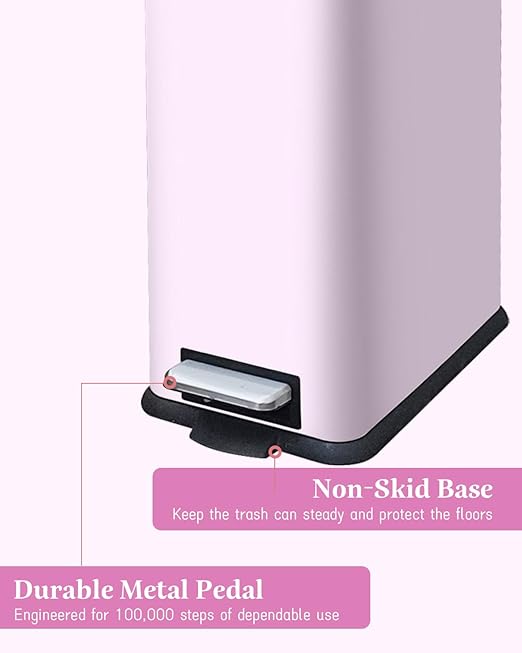 16.7L/ 4.4 Gallon Rectangular Slim Kitchen Trash Can with Removable Inner Bucket, Soft Close lid, Stainless Steel Step Pedal Garbage Can for Bathroom, Kitchen, Home Office, Pink