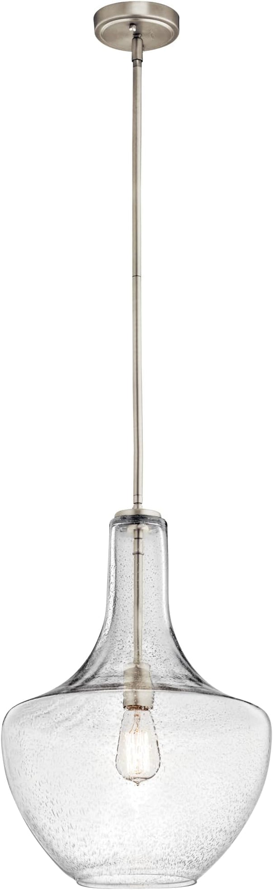 Kichler Everly 19.75" Kitchen Bell Pendant in Brushed Nickel, 1-Light Clear Seeded Glass Pendant Light, (19.75" H x 13.75" W), 42046NICS