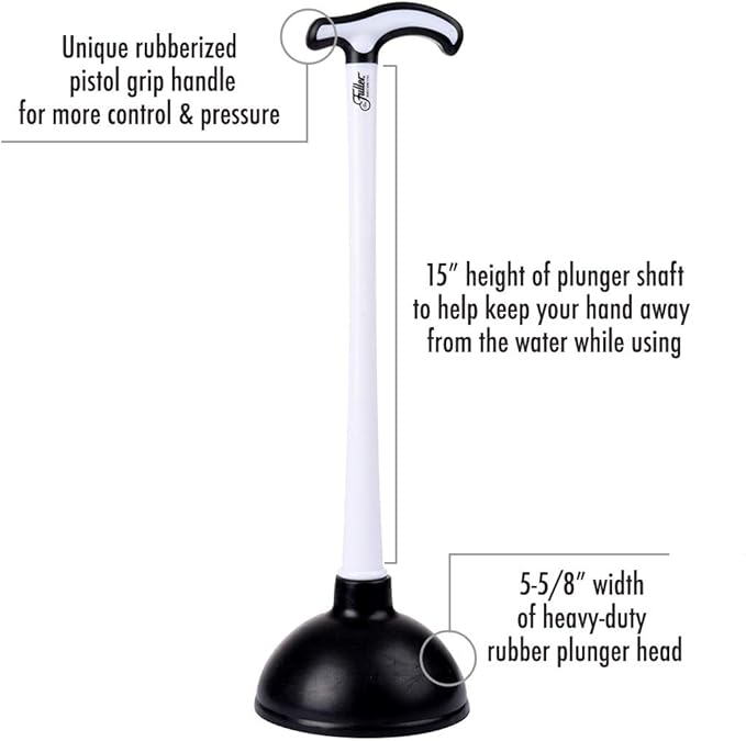 Fuller Brush Toilet Bowl Plunger – Heavy Duty Rubberized Pistol Grip Handle – 15-Inch Tapered Plastic Handle, 5-5/8 Inch Plunger Head – Unclogs Toilet, Sink, Shower, Floor Drains (Pack of 1)