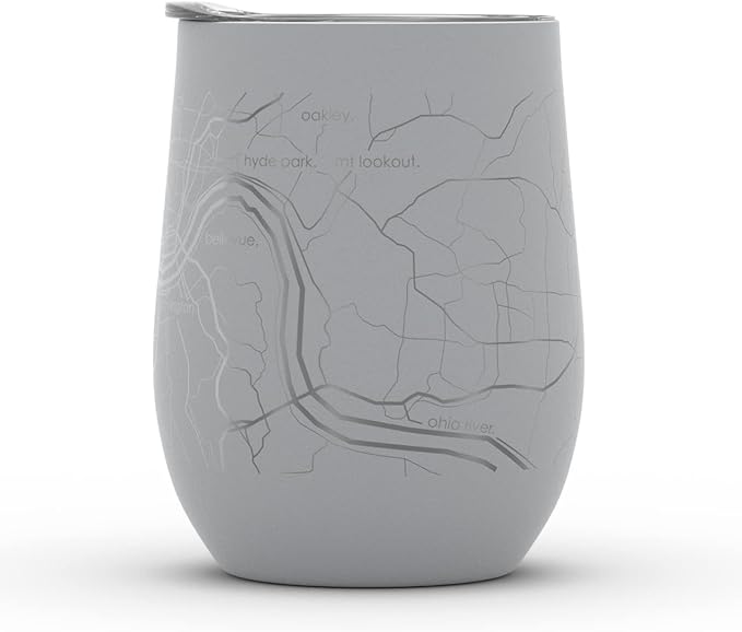 Well Told Engraved Cincinnati Ohio Map Insulated Wine Tumbler, Etched Stainless Steel Cup (12 oz, Dockside Gray) City Map Insulated Tumbler, Custom Insulated Tumbler, Outdoor Drinkware
