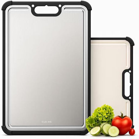 Premium 316 Stainless Steel Cutting Board for Kitchen– Double Sided,& BPA-Free Chopping Board with Food-Grade Steel &Eco-Friendly Wheat Straw PP,for Meat&Vegetables Healthy cutting boards non toxic