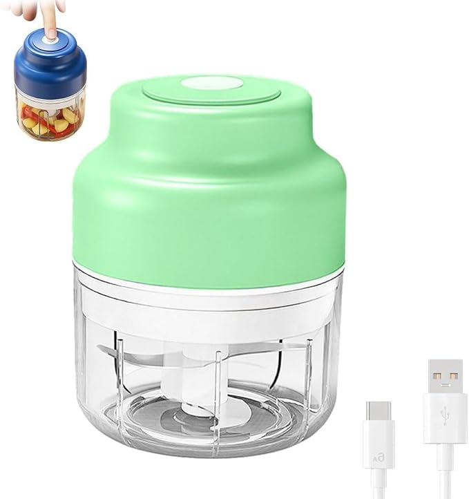 Electric Garlic Chopper with USB Rechargeable Design, Portable Food Processor for Garlic, Onion, Chili, Nuts, Vegetables, One-Touch Mini Kitchen Helper (Green, 250ml)