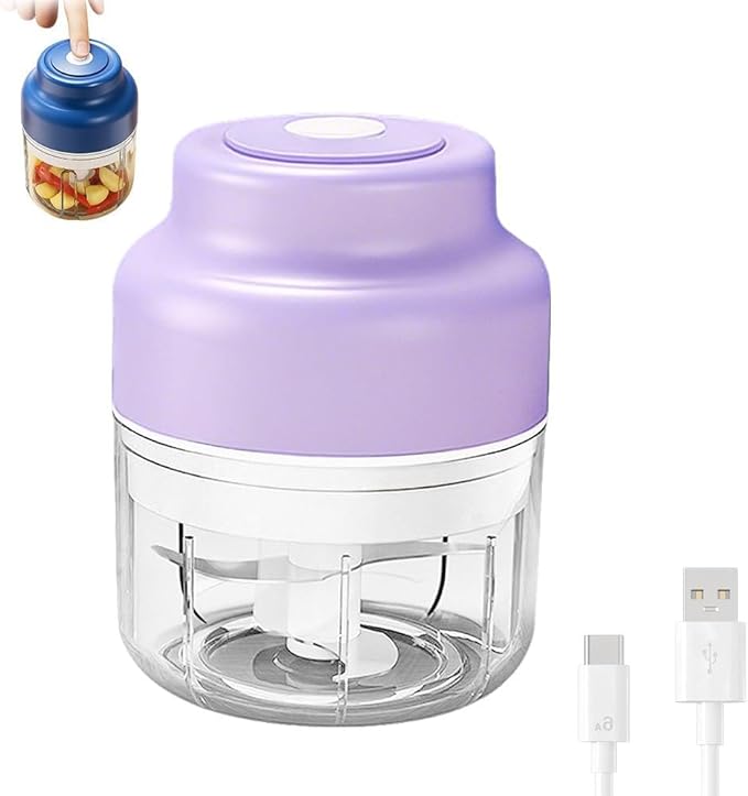 Electric Garlic Chopper with USB Rechargeable Design, Portable Food Processor for Garlic, Onion, Chili, Nuts, Vegetables, One-Touch Mini Kitchen Helper (Purple, 250ml)