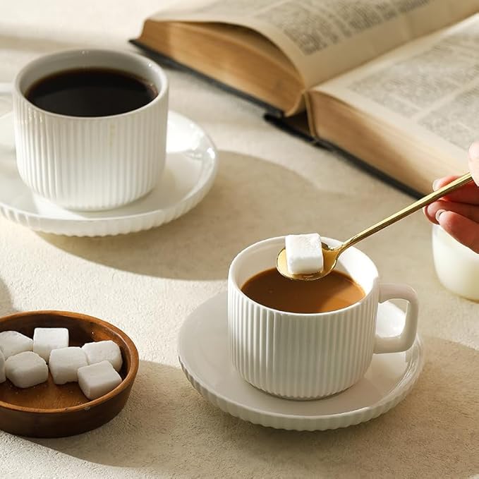 8 Ounce Cappuccino Cups Set of 4, Latte Mugs with Saucers and Spoons, White Cream Ceramic Coffee Mugs Tea Cups for Cappuccino Latte Mocha Au Lait Macchiato Cafe