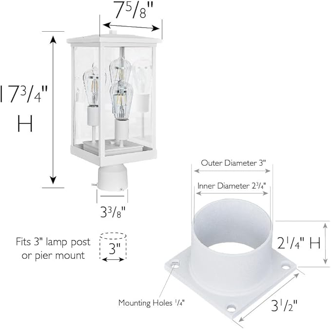 Mayfield Outdoor Post Top Light with 3-Inch Pier Base Mount Fitter, White – Design House, 590281