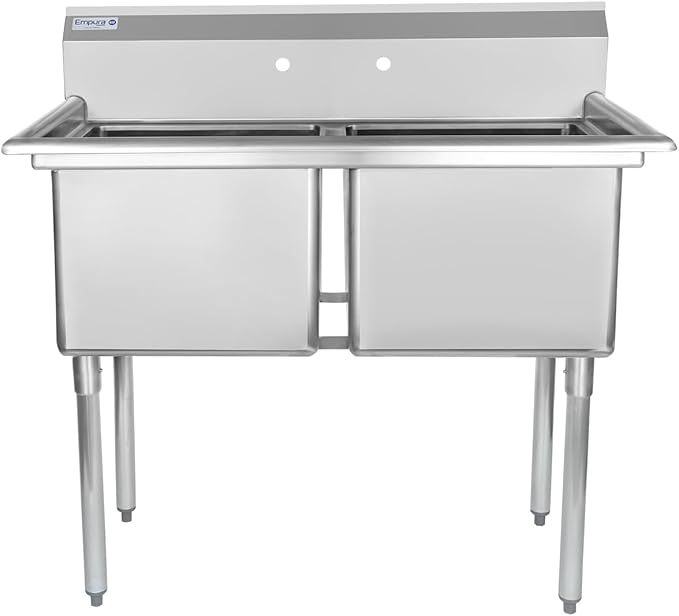 43" Wide Stainless Steel Two Compartment Commercial Sink | Prep Utility 18 x 18 Bowl for Restaurant Laundry Garage | 3.5" Drain Basket, 9.75" Backsplash, 43"W x 23.5"D x 44.25"H, 18 Gauge, NSF