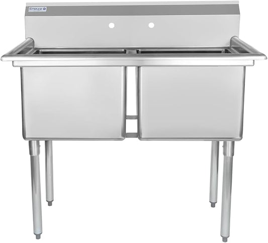 43" Wide Stainless Steel Two Compartment Commercial Sink | Prep Utility 18 x 18 Bowl for Restaurant Laundry Garage | 3.5" Drain Basket, 9.75" Backsplash, 43"W x 23.5"D x 44.25"H, 18 Gauge, NSF