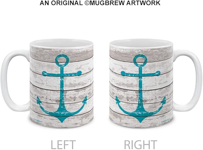 MUGBREW White Rustic Wood Anchor Ceramic Coffee Mug Tea Cup, 11 OZ