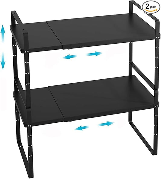 Redrubbit Expandable Cabinet Shelf Organizers, Stackable Kitchen Counter Shelves Spice Rack for Kitchen Bathroom Pantry Cupboard Desk Home Office, Metal Plate Heavy Duty Nonslip Black, Set of 2