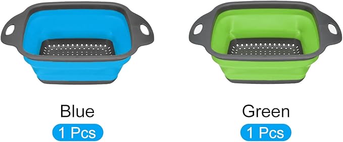 Collapsible Colander Set, 2pcs Silicone Square Foldable Strainer Space Saving Suitable for Pasta, Vegetables, Fruits - Blue Green Small