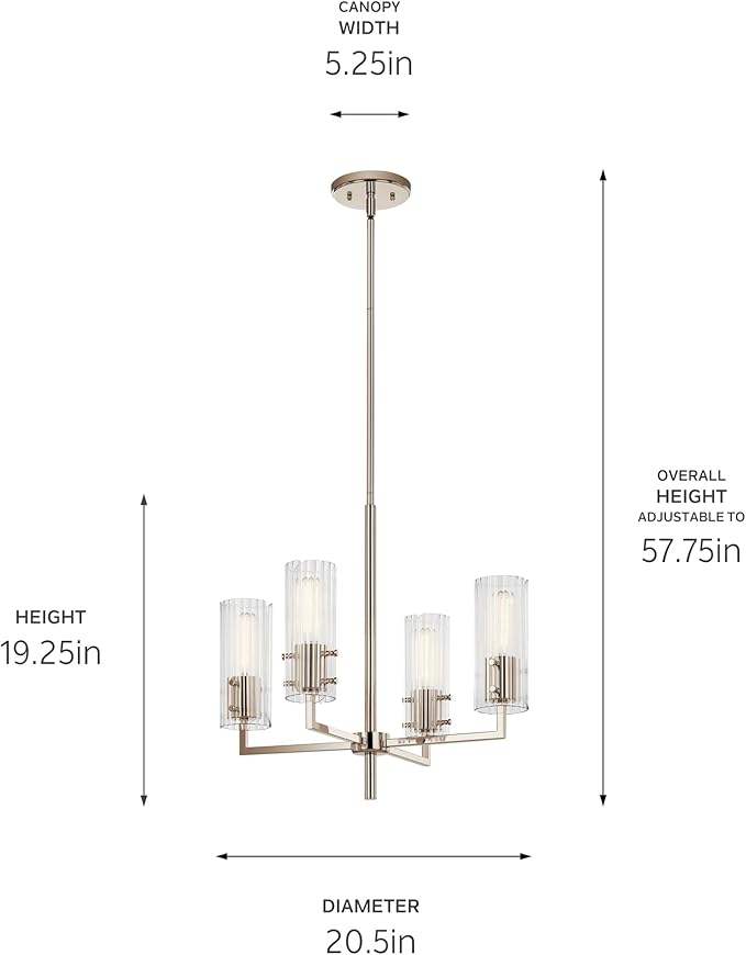 KICHLER Velestino 20.5" 4 Light Chandelier in Polished Nickel, for Small Foyer, Dining Room, Living Room, Bedroom, (19.25" x 20.5") 52678PN