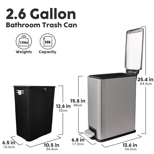 Bathroom Trash Can with Lid，10L/2.6 Gallon Garbage Can with Removable Inner Liner, Soft Close Step Trash can for Bathroom,Bedroom,Home Office (Grey)