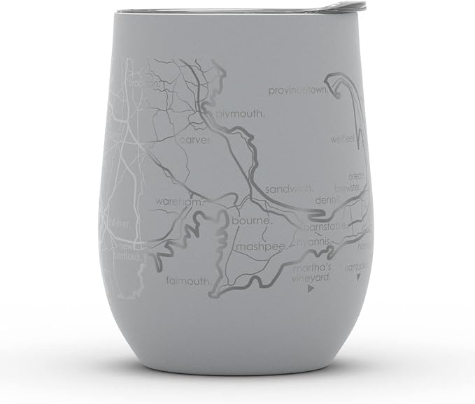 Well Told Engraved Cape Cod Massachusetts Map Insulated Wine Tumbler, Etched Stainless Steel Cup (12 oz, Dockside Gray) City Map Insulated Tumbler, Custom Insulated Tumbler, Outdoor Drinkware