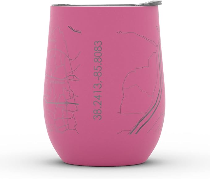 Well Told Engraved Louisville Kentucky Map Insulated Wine Tumbler, Etched Stainless Steel Cup (12 oz, Sunset Pink) City Map Insulated Tumbler, Custom Insulated Tumbler, Outdoor Drinkware