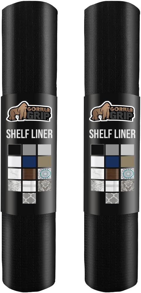 GORILLA GRIP Slip Resistant Drawer and Shelf Liner 2 Pack, Non Adhesive Water Resistant, Easy Clean and Trim, Smooth Surface Liners for Kitchen Cabinet, Shelves, Drawers, Pantry, 12 in x 10 FT, Black