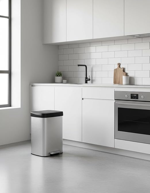 Garvee 16 gal / 60 L Stainless Steel Trash Can with Lid, Large Garbage Can for Kitchen, Rustproof Step-on Kitchen Metal Trash Bin with Liner Rim, Rear Handle, Soft Close Plastic Lid, Silver