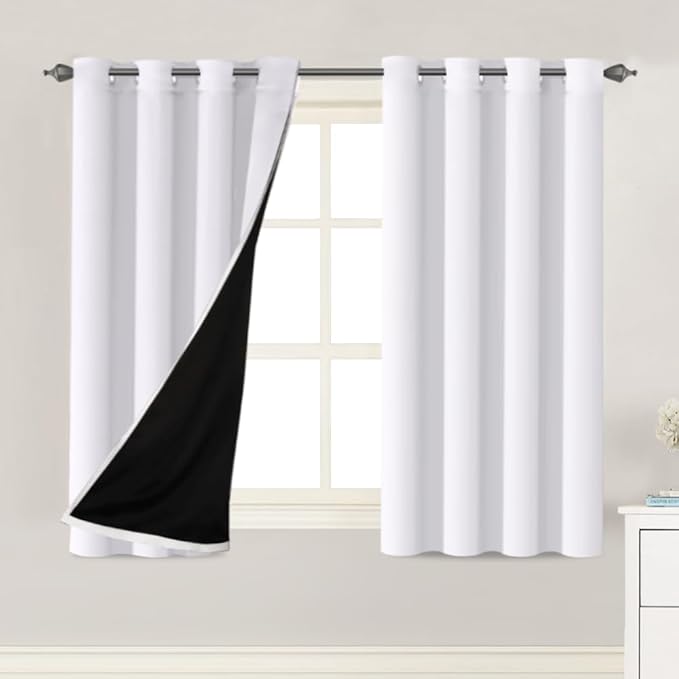 H.VERSAILTEX 100% Blackout Curtains 63 inches Long Light Blocking Drapes Thermal Insulated Curtains for Living Room Noise Reducing Drapes for Bedroom, 2 Panels, White Front with Greyish White Liner