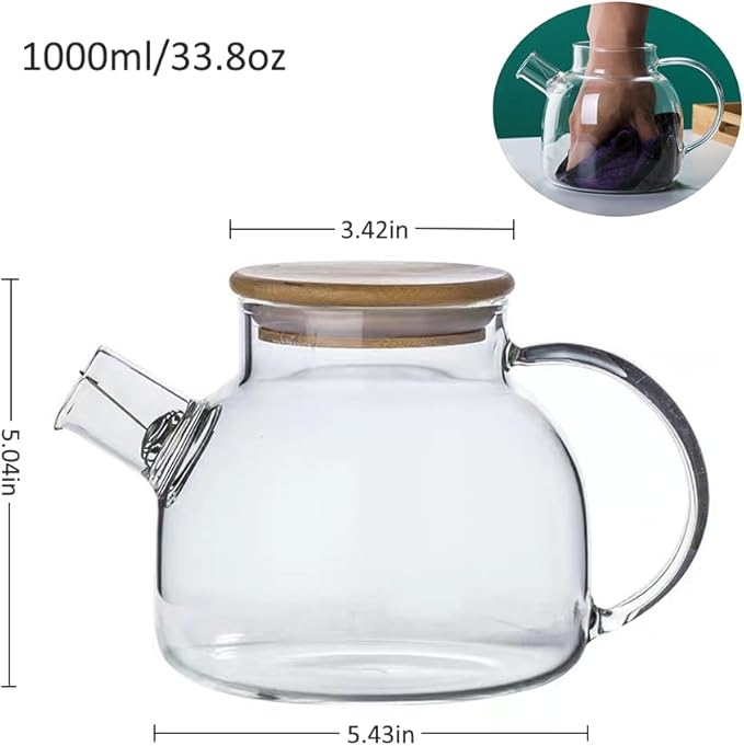 Hwagui - Glass Teapot with Infuser for Loose Tea and Blooming Tea, Heat Resistant Glass Teapot and Kettle for Stovetop, Perfect Tea Maker, 1000ml/33oz